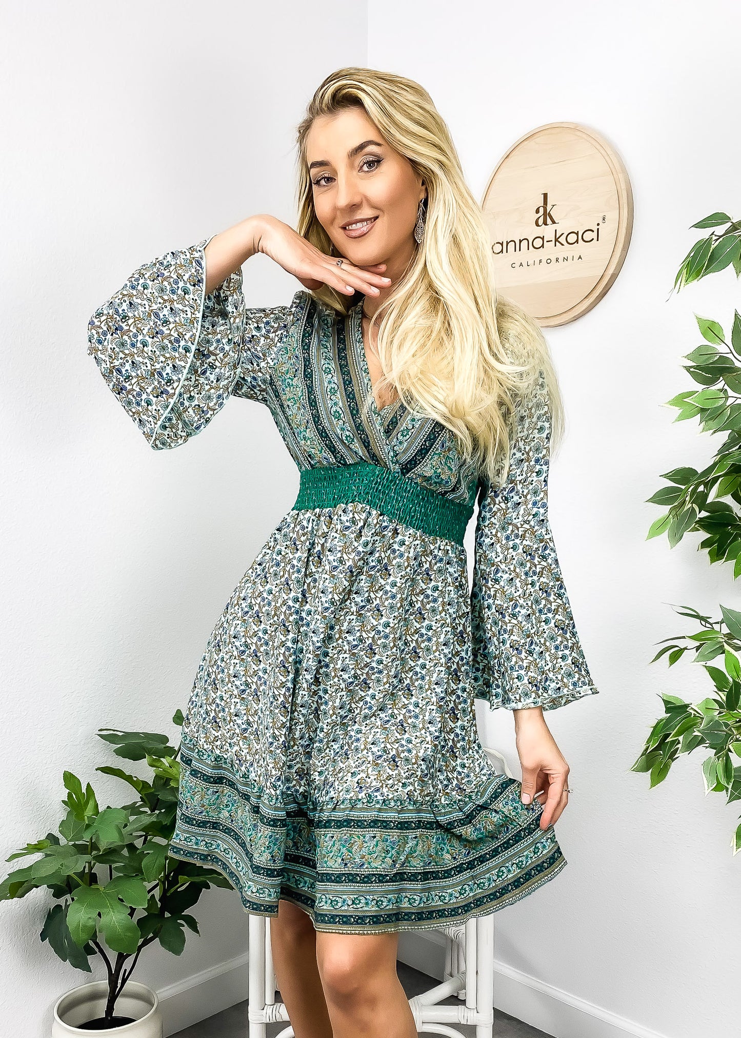 Surplice Shirred Waist Boho Dress