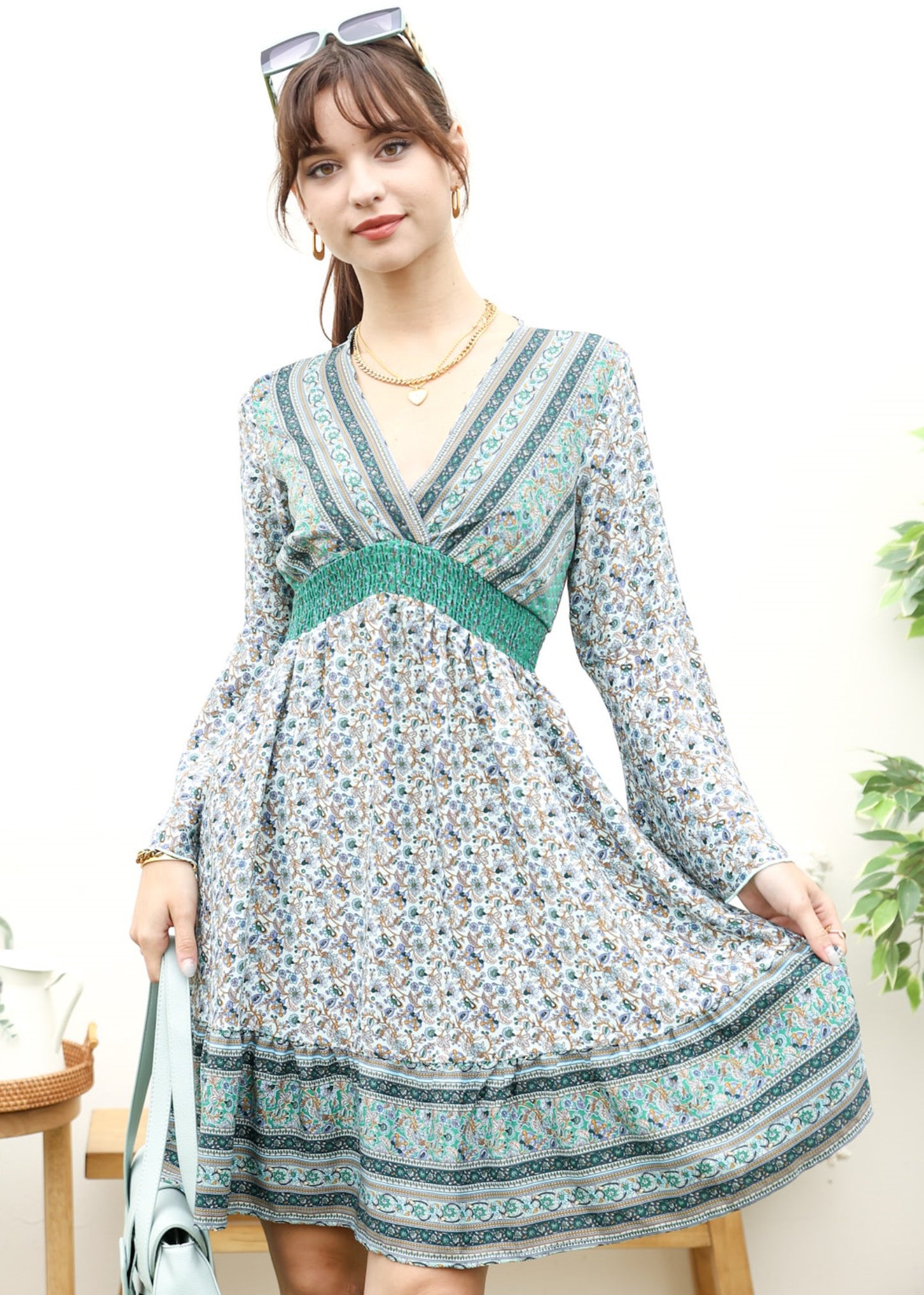Surplice Shirred Waist Boho Dress