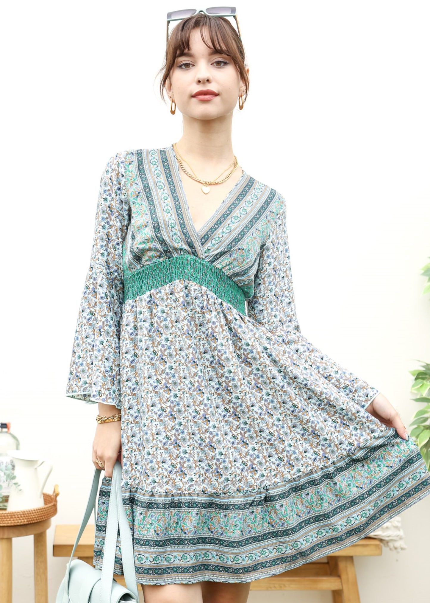 Surplice Shirred Waist Boho Dress