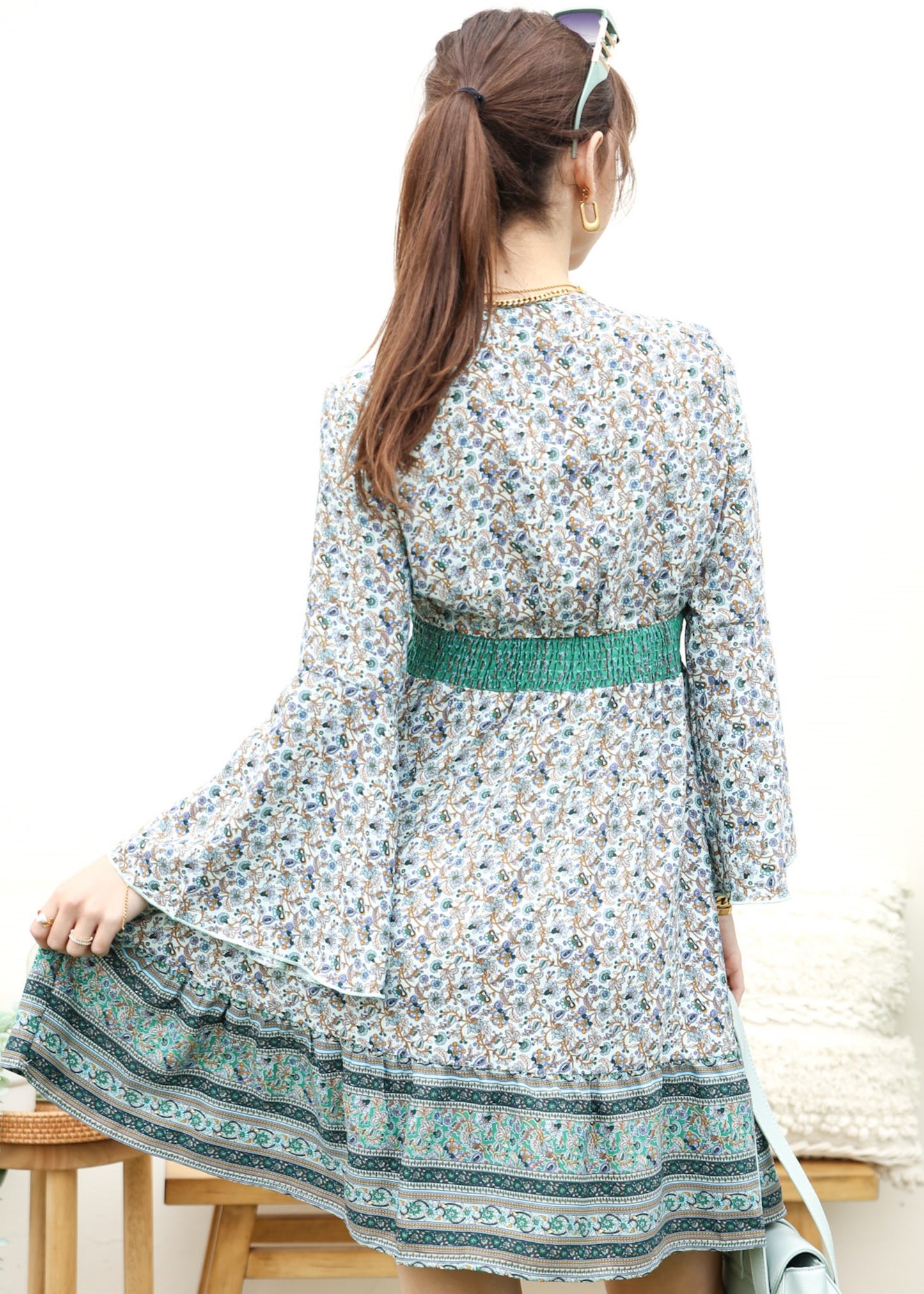 Surplice Shirred Waist Boho Dress