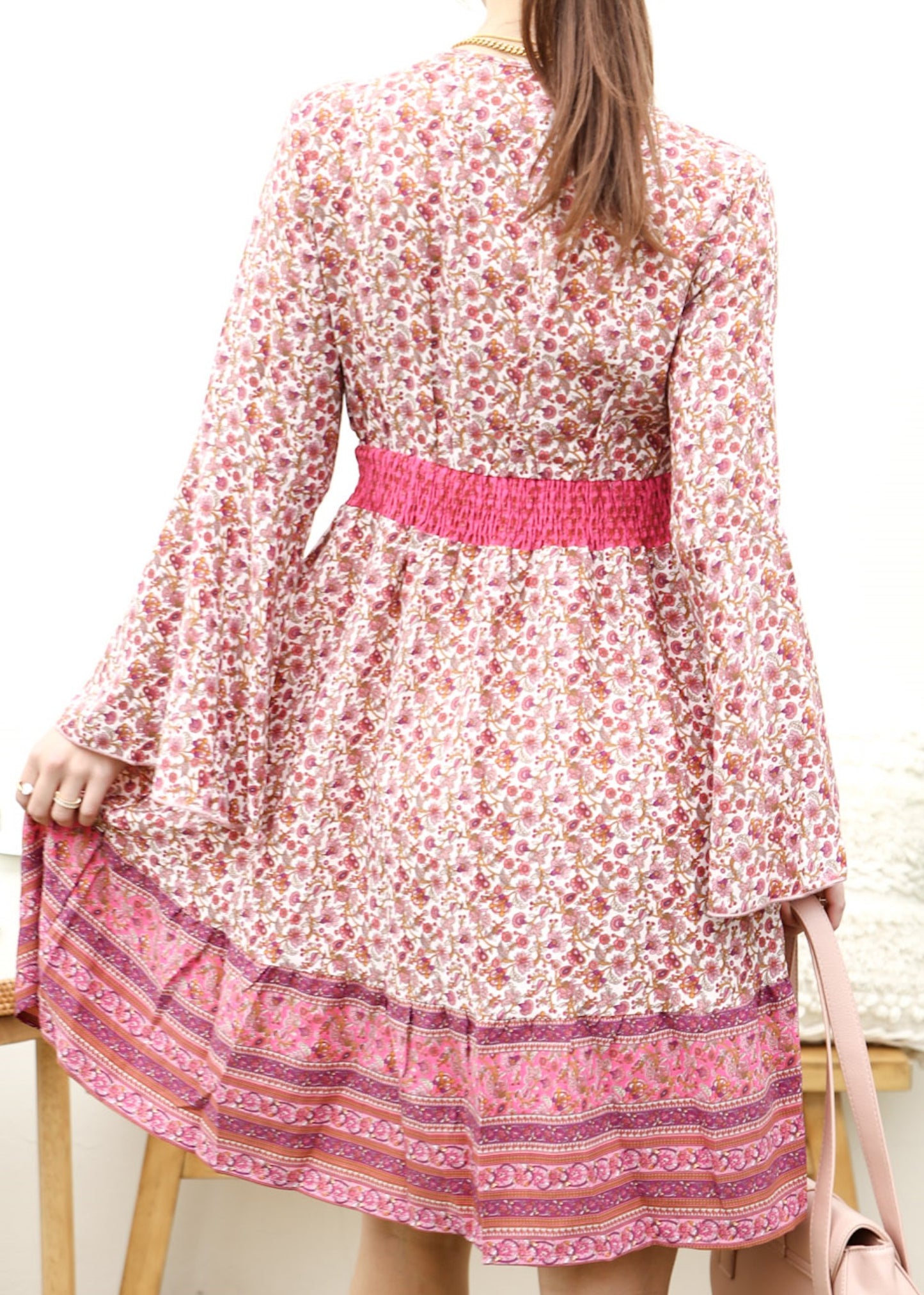 Surplice Shirred Waist Boho Dress