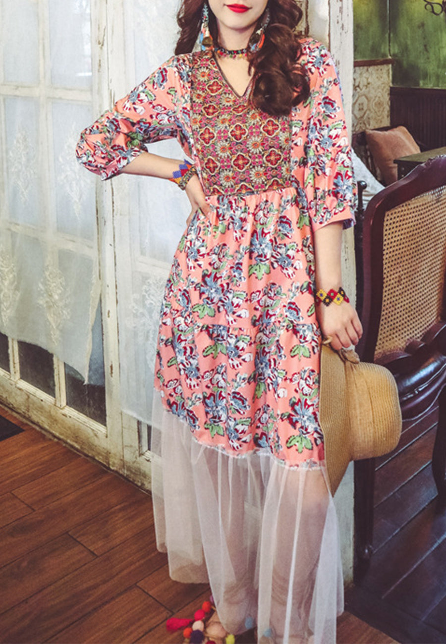 Geometric Print Mesh Hem Dress
