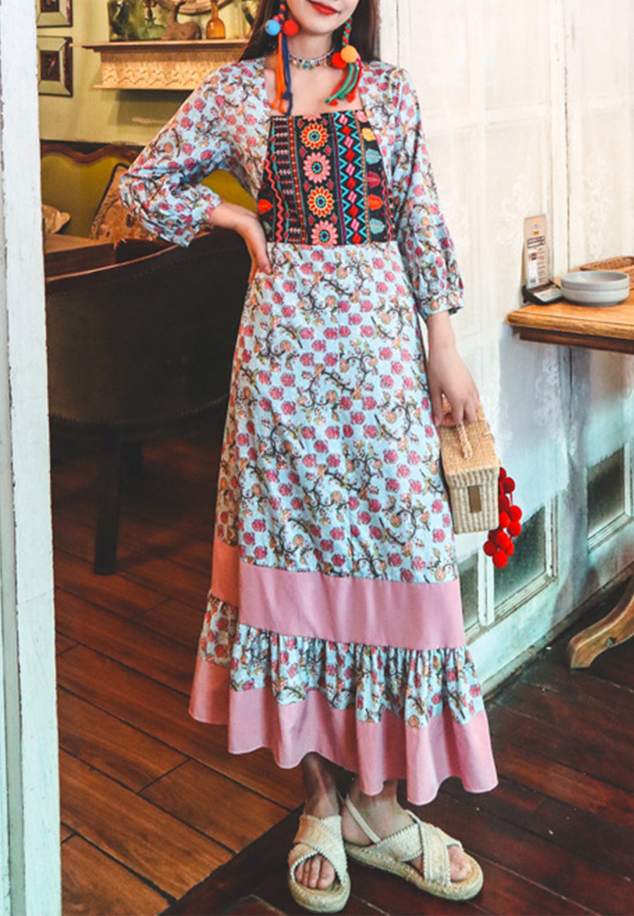 Straight Neck Contrast Print Dress