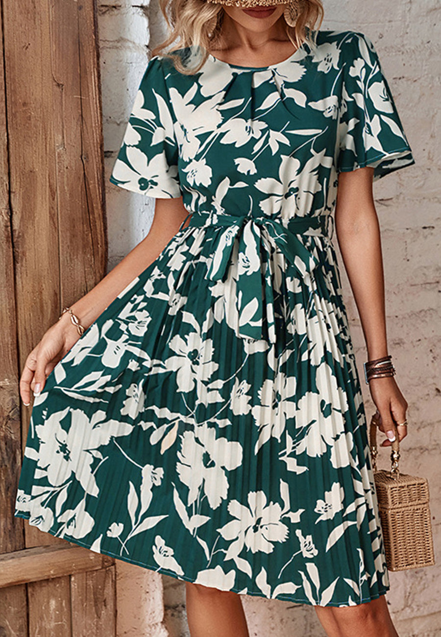 Floral Flutter Sleeve Pleated Dress