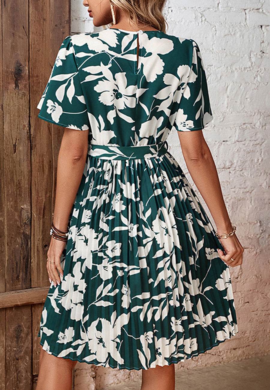 Floral Flutter Sleeve Pleated Dress