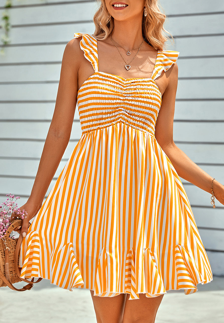 Vestido con dobladillo godet y estampado de rayas