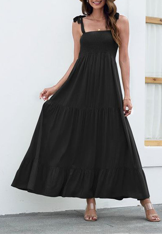 Vestido largo liso con lazo en los hombros