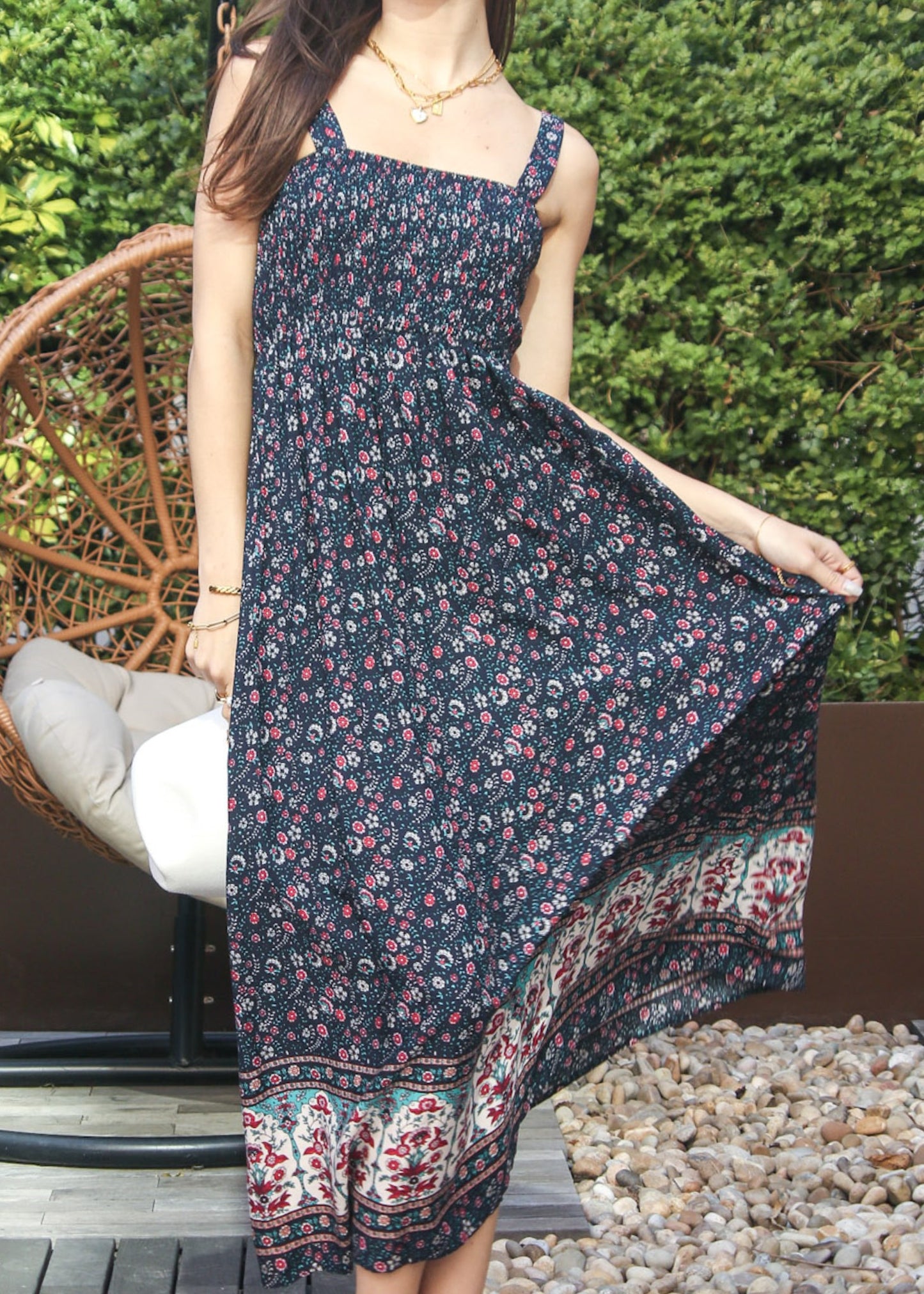 Vestido largo bohemio con escote cuadrado