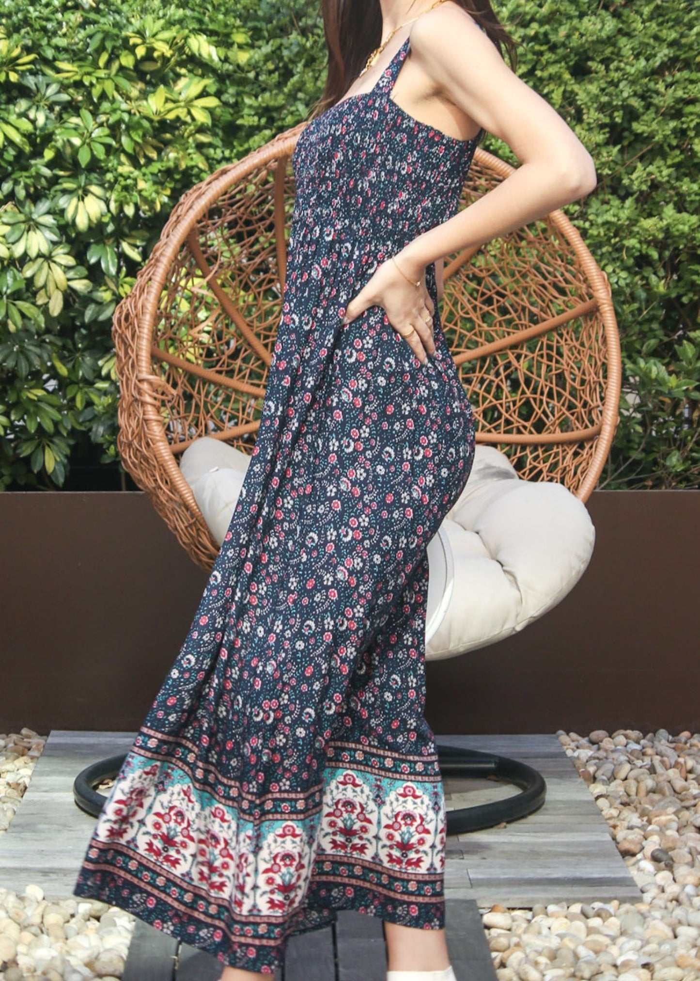 Vestido largo bohemio con escote cuadrado