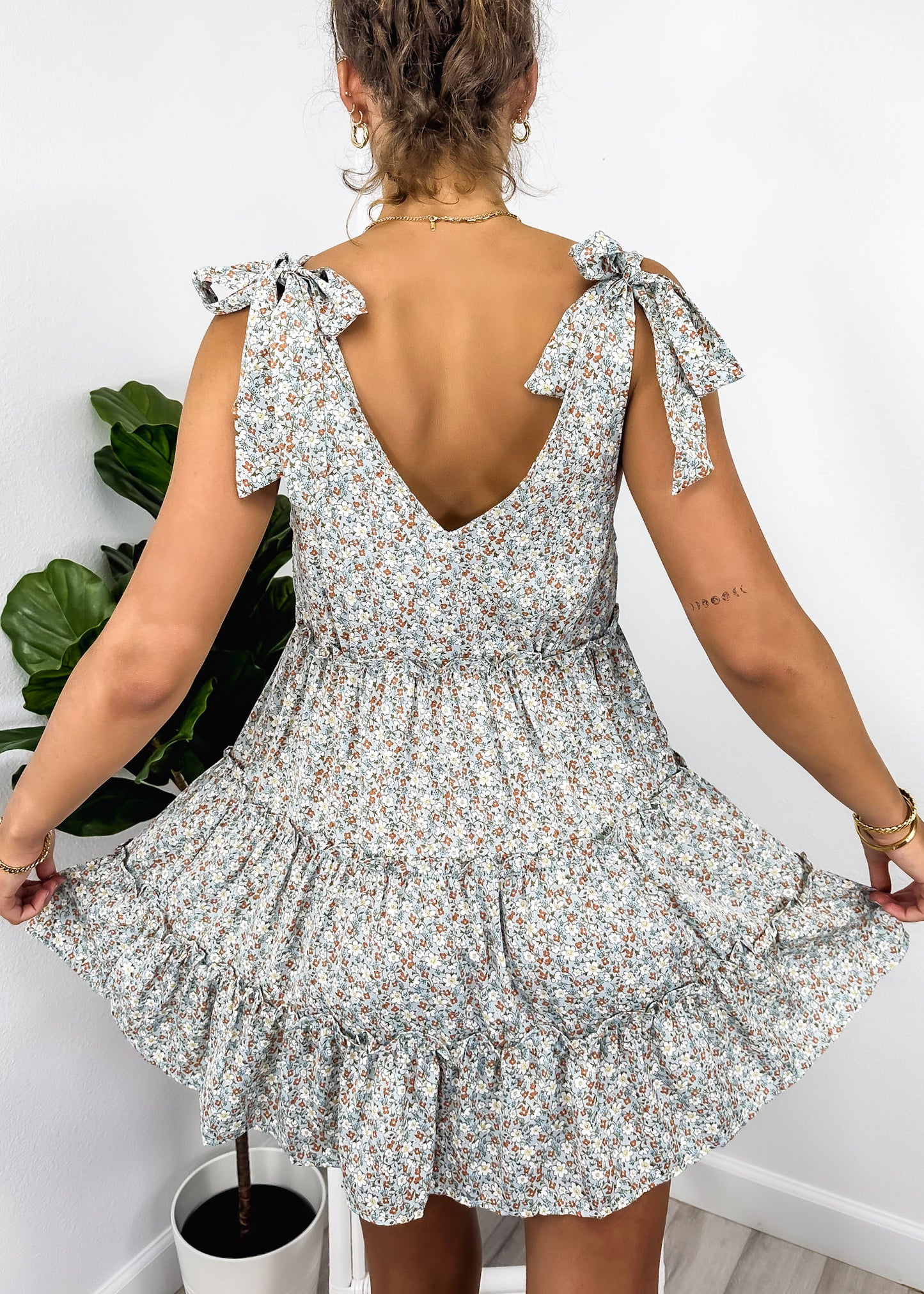 Tie Shoulder Floral Ruffle Tiered Dress