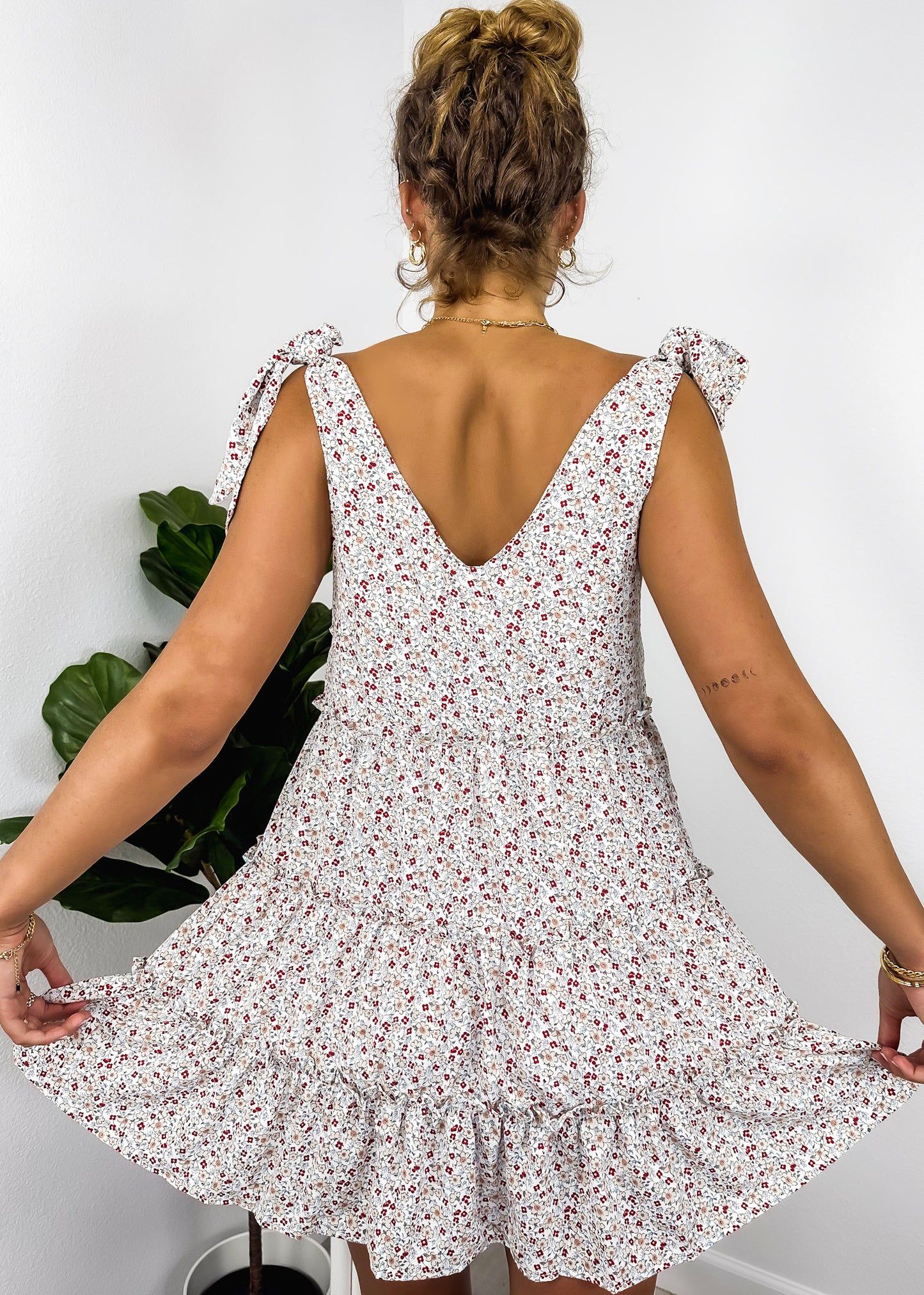 Tie Shoulder Floral Ruffle Tiered Dress