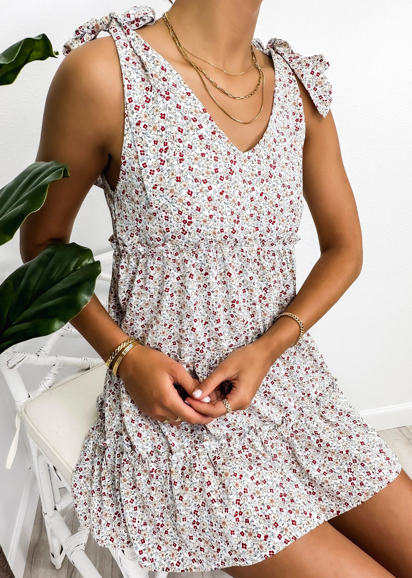 Tie Shoulder Floral Ruffle Tiered Dress