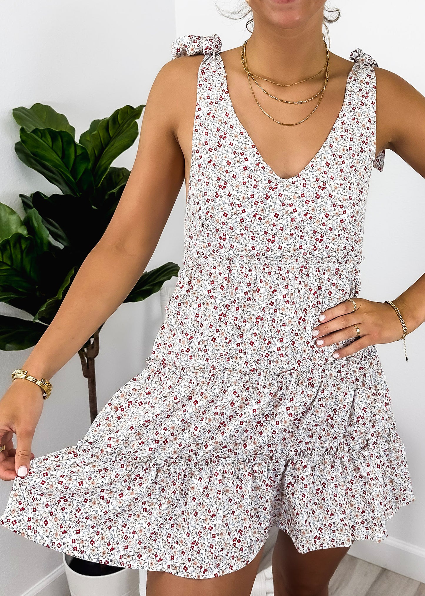 Tie Shoulder Floral Ruffle Tiered Dress