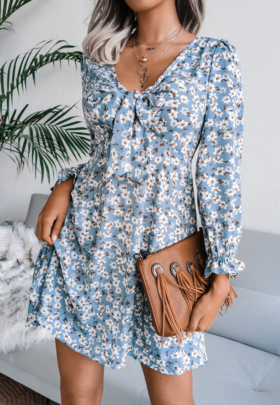 Tie Front V Neck Floral Dress