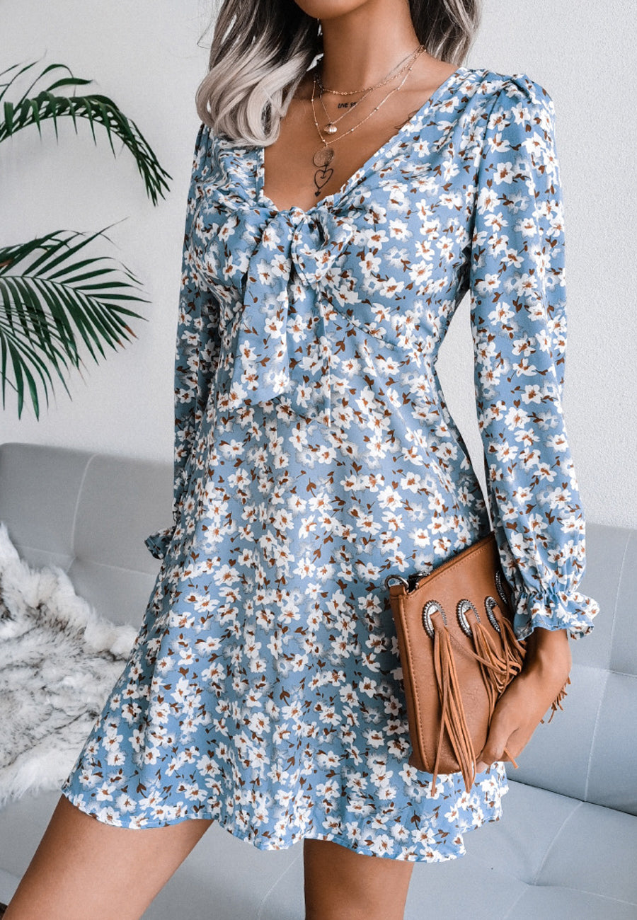 Tie Front V Neck Floral Dress