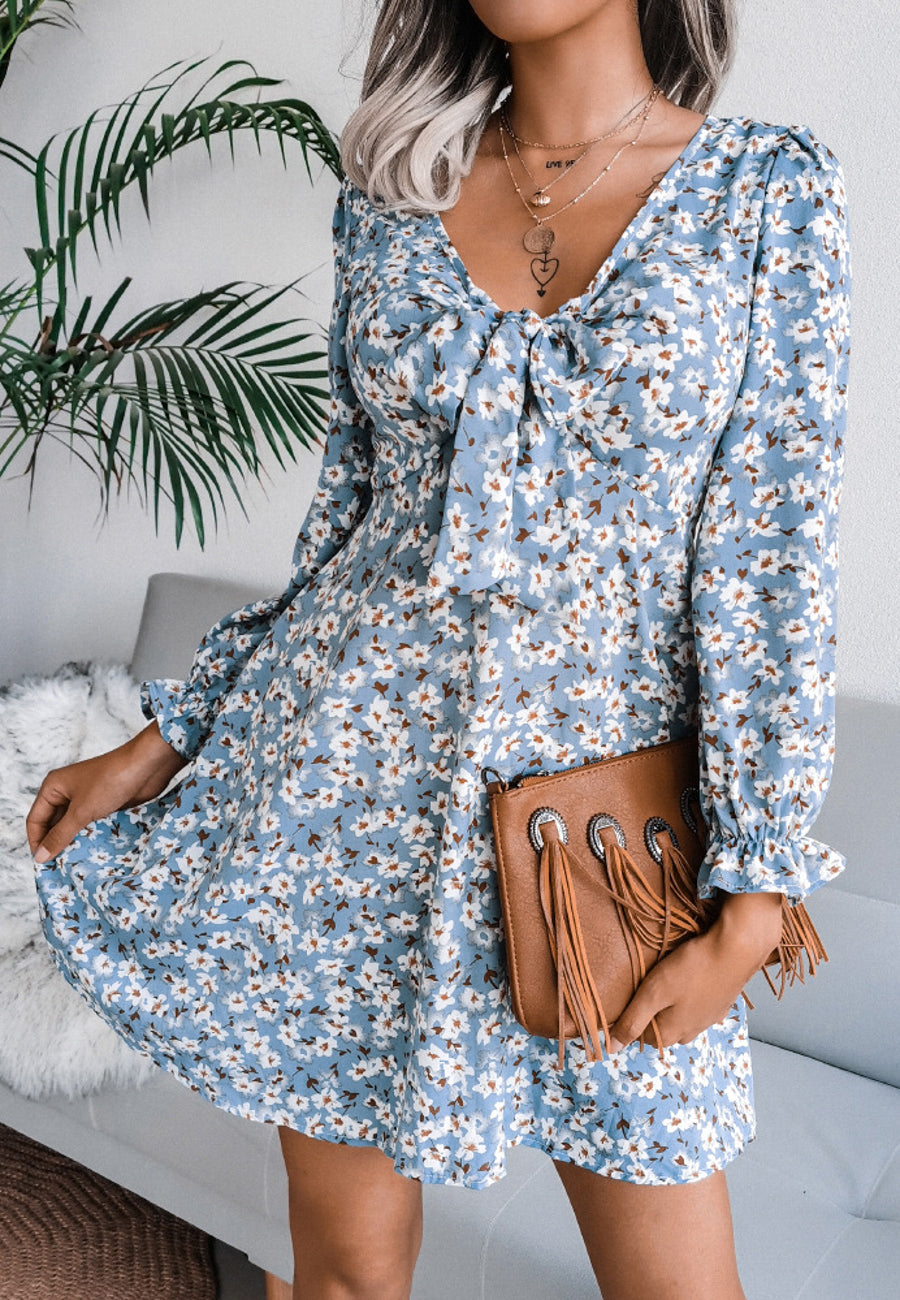 Tie Front V Neck Floral Dress