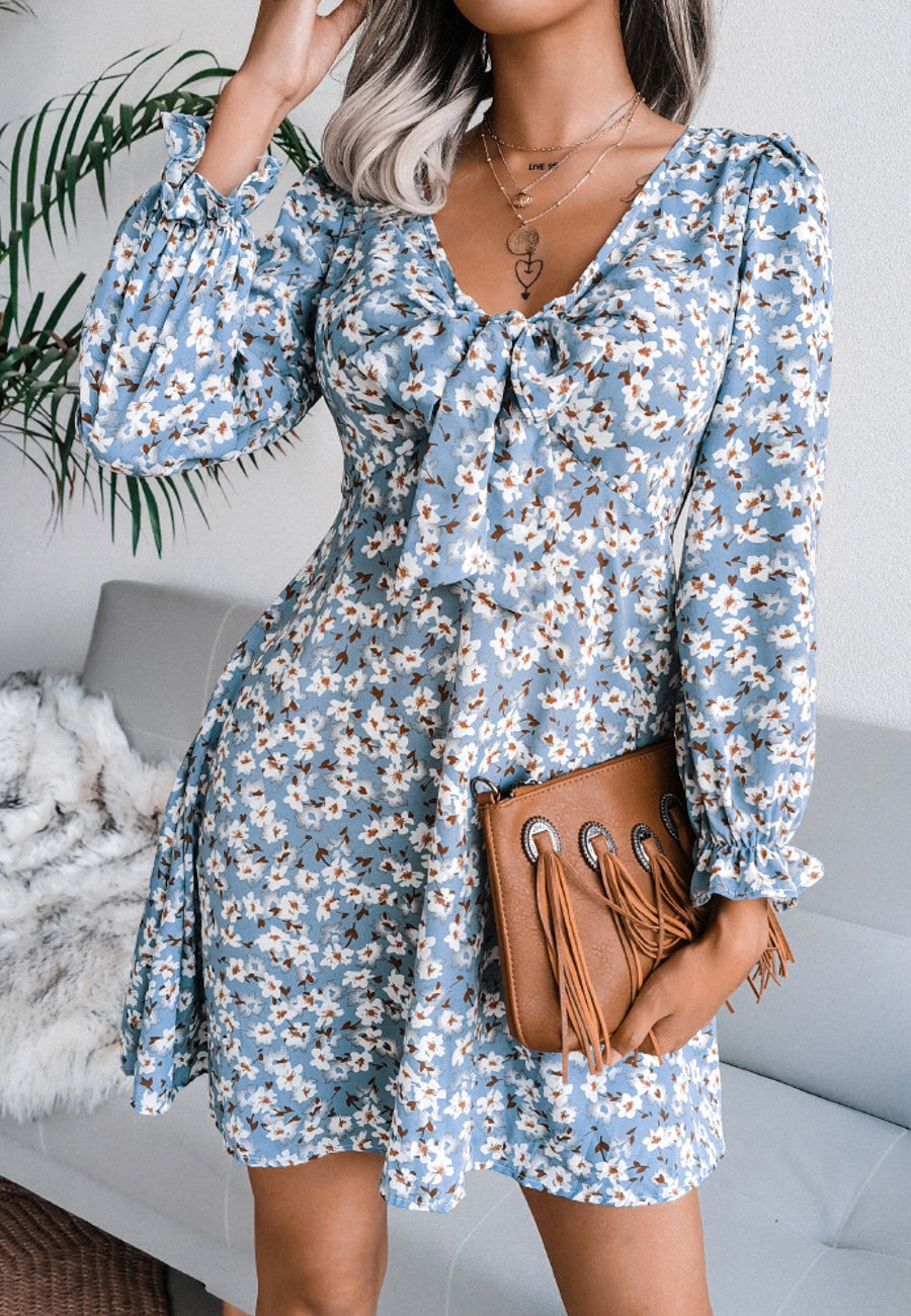 Tie Front V Neck Floral Dress