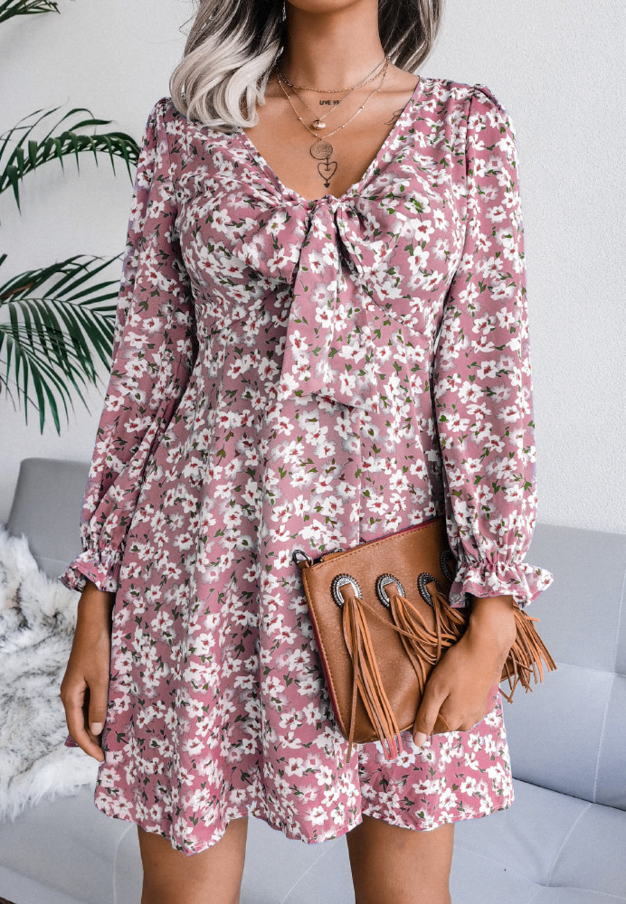 Tie Front V Neck Floral Dress