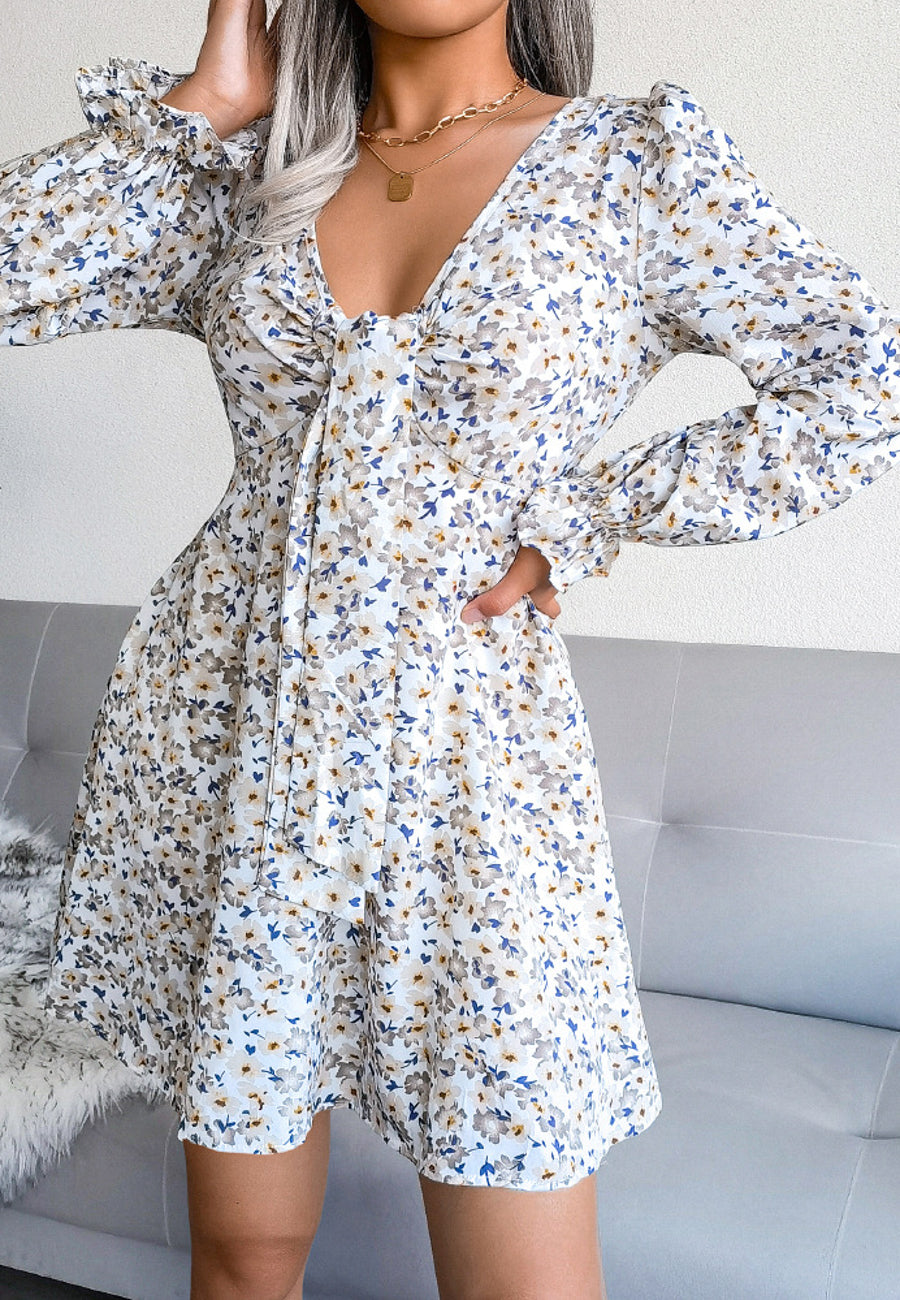 Tie Front V Neck Floral Dress
