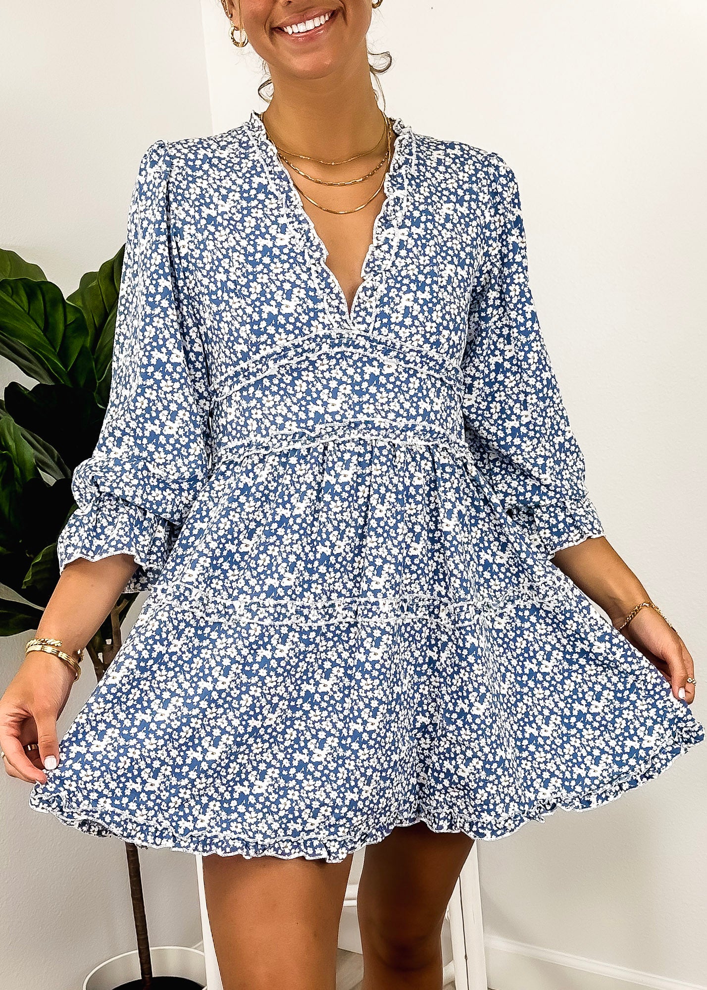 Ruffle Plunge Neck Floral Dress