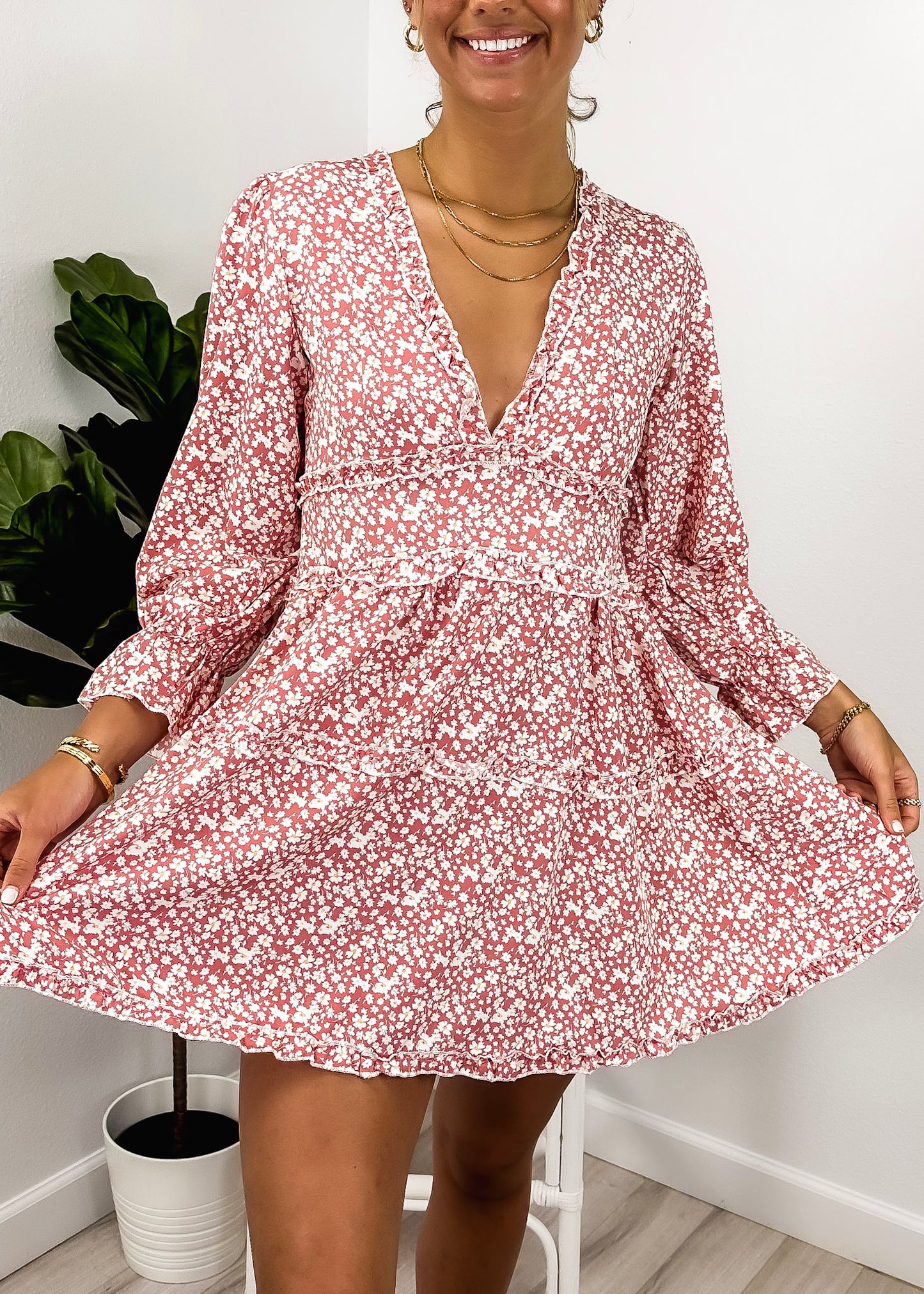 Ruffle Plunge Neck Floral Dress