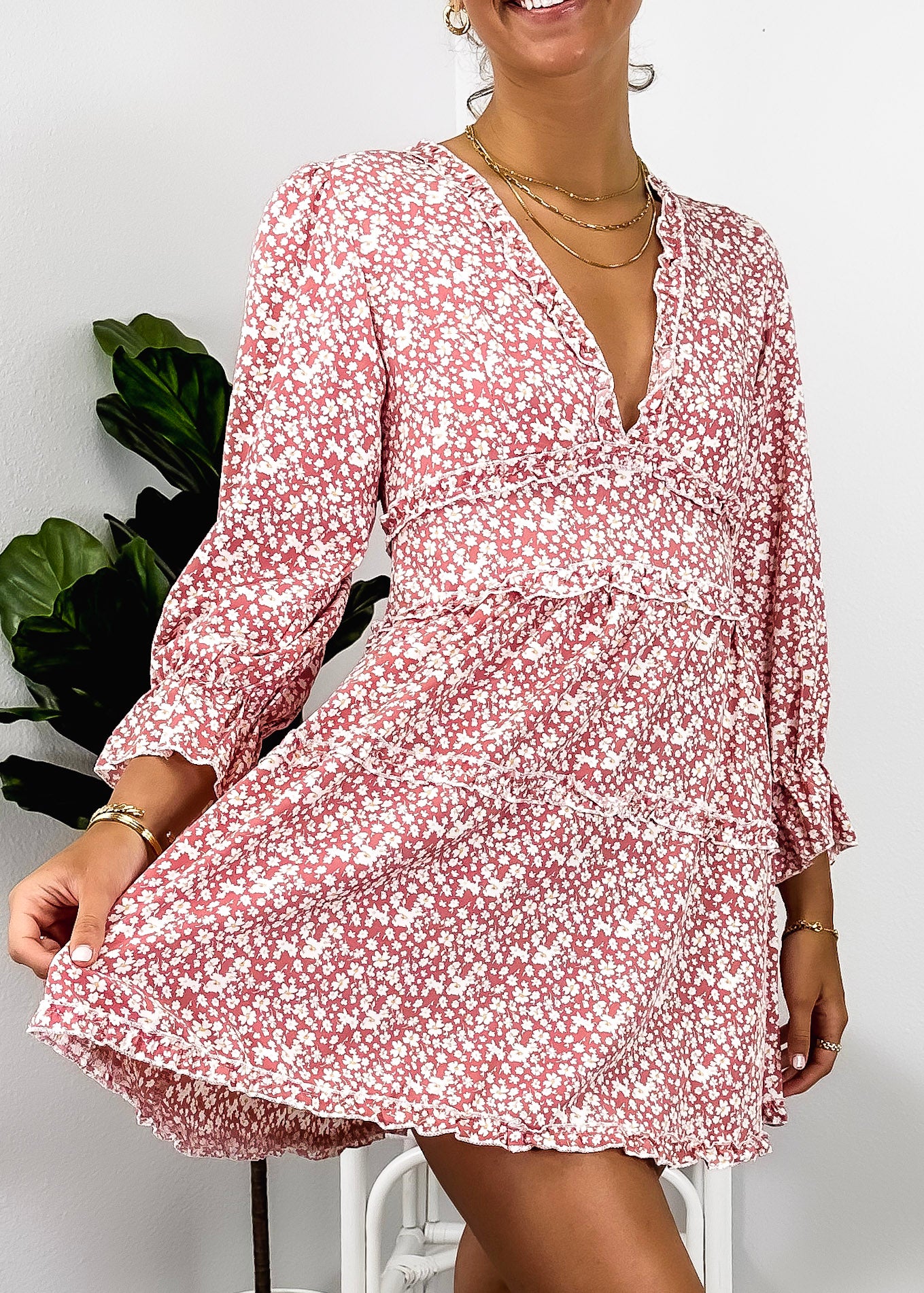 Ruffle Plunge Neck Floral Dress