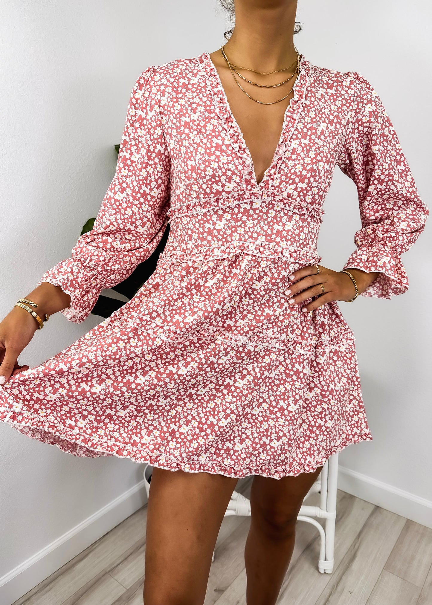 Ruffle Plunge Neck Floral Dress