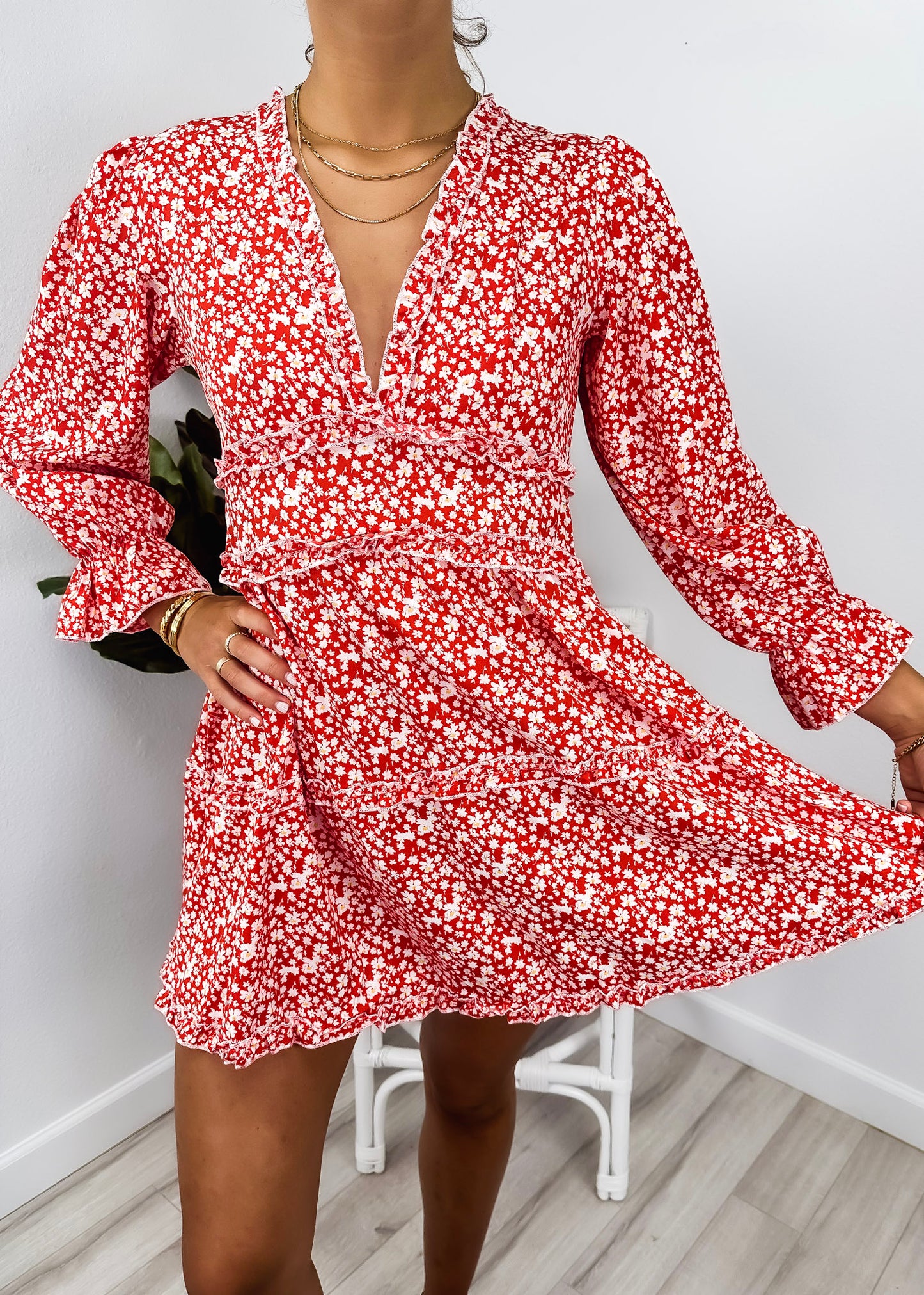 Ruffle Plunge Neck Floral Dress