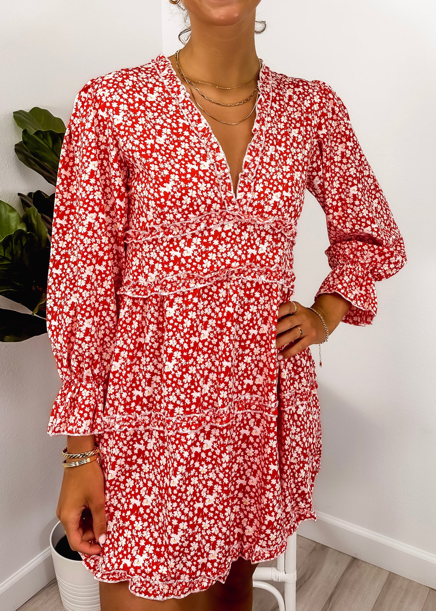 Ruffle Plunge Neck Floral Dress