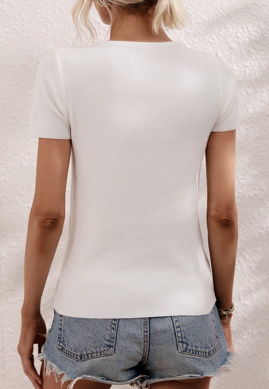 Cutout Shoulder Ribbed Knit Shirt