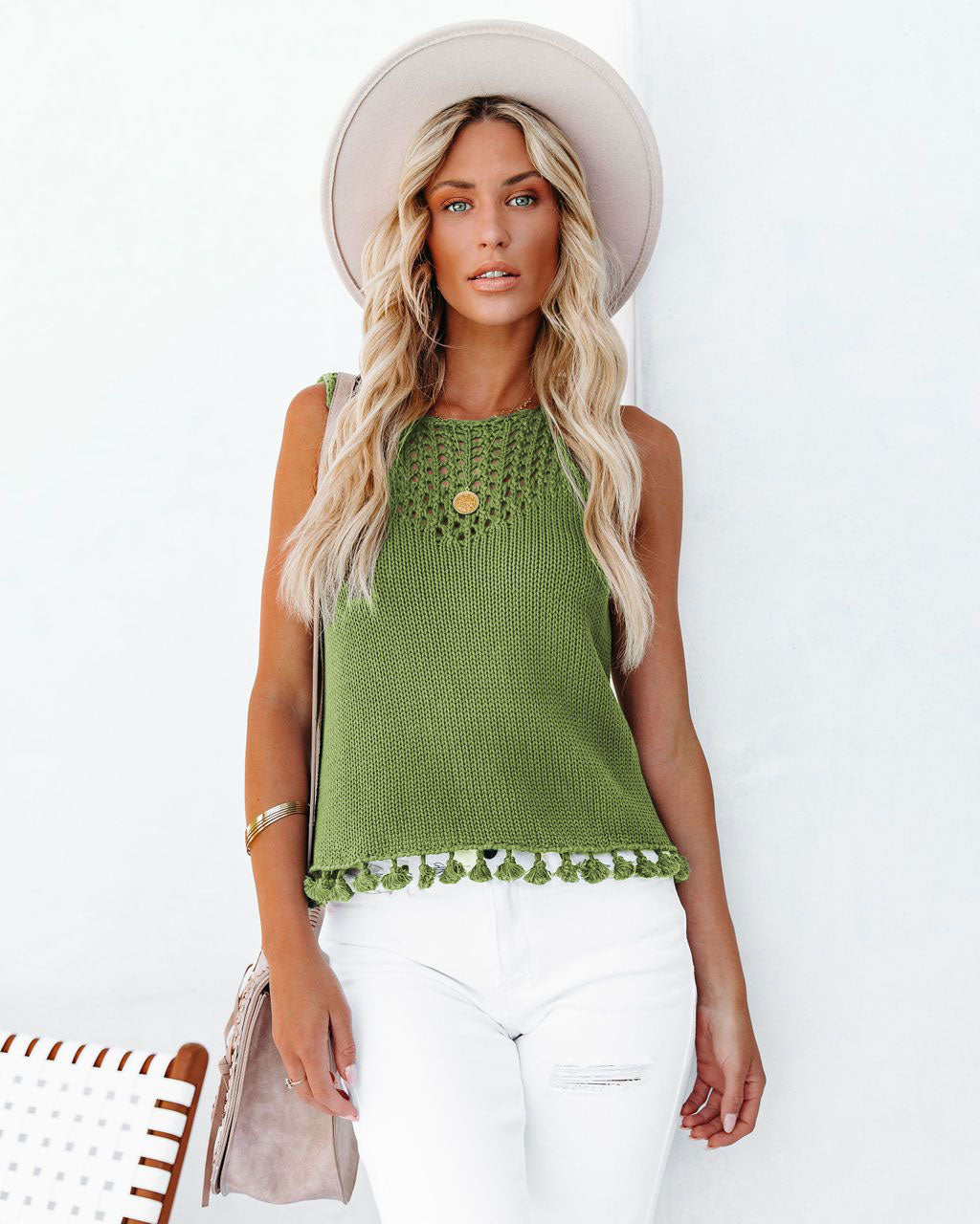 Tassel Hem Crochet Knit Top