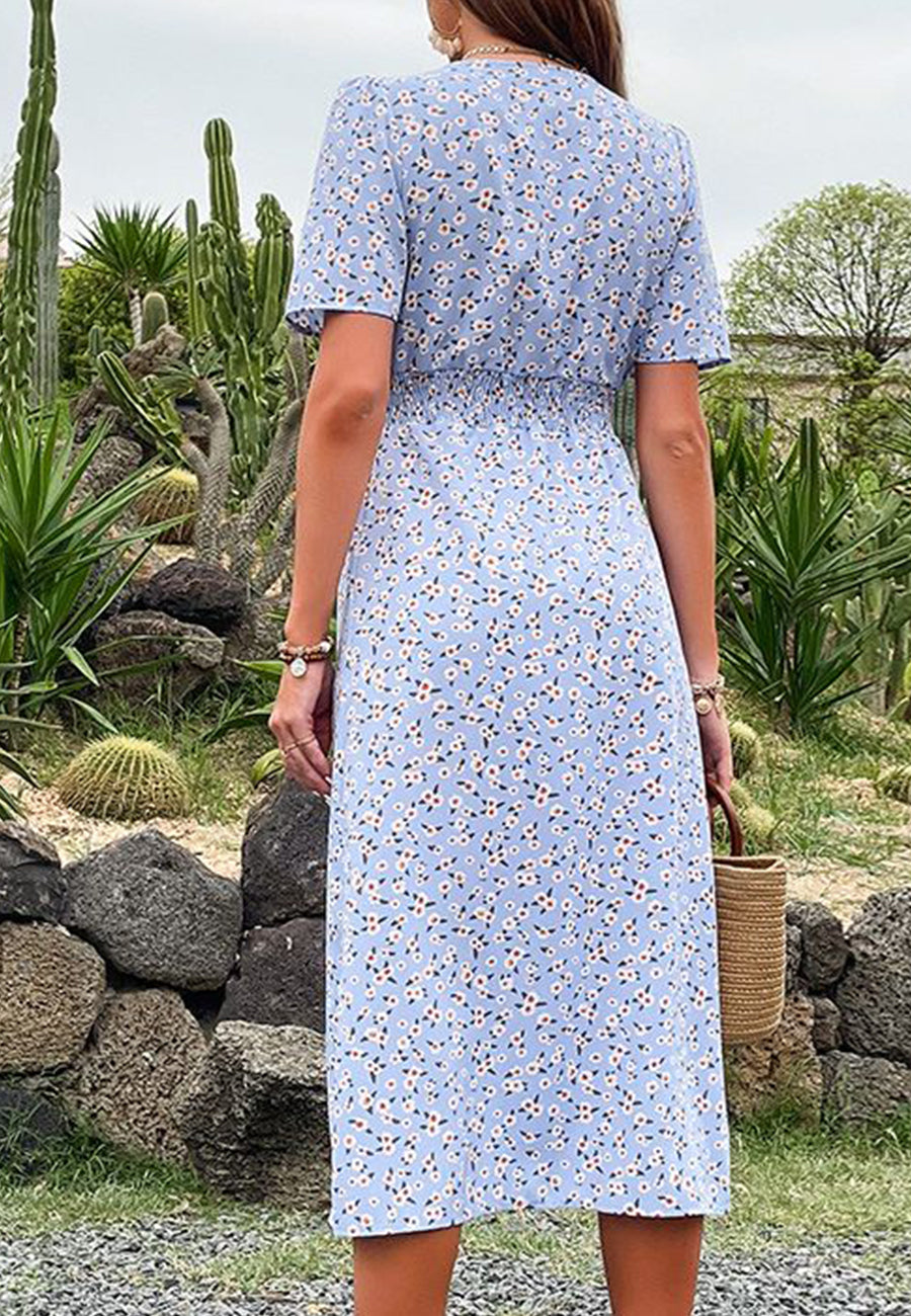 Button Front Puff Sleeve Dress