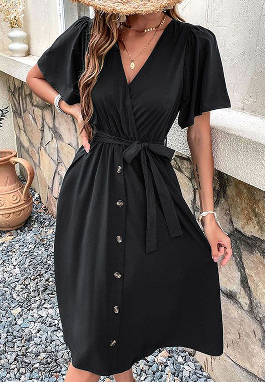 Solid Surplice Neck Button Detail Dress