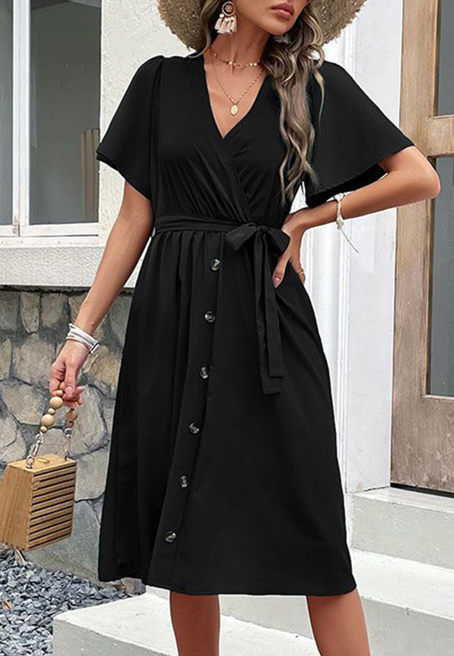 Solid Surplice Neck Button Detail Dress