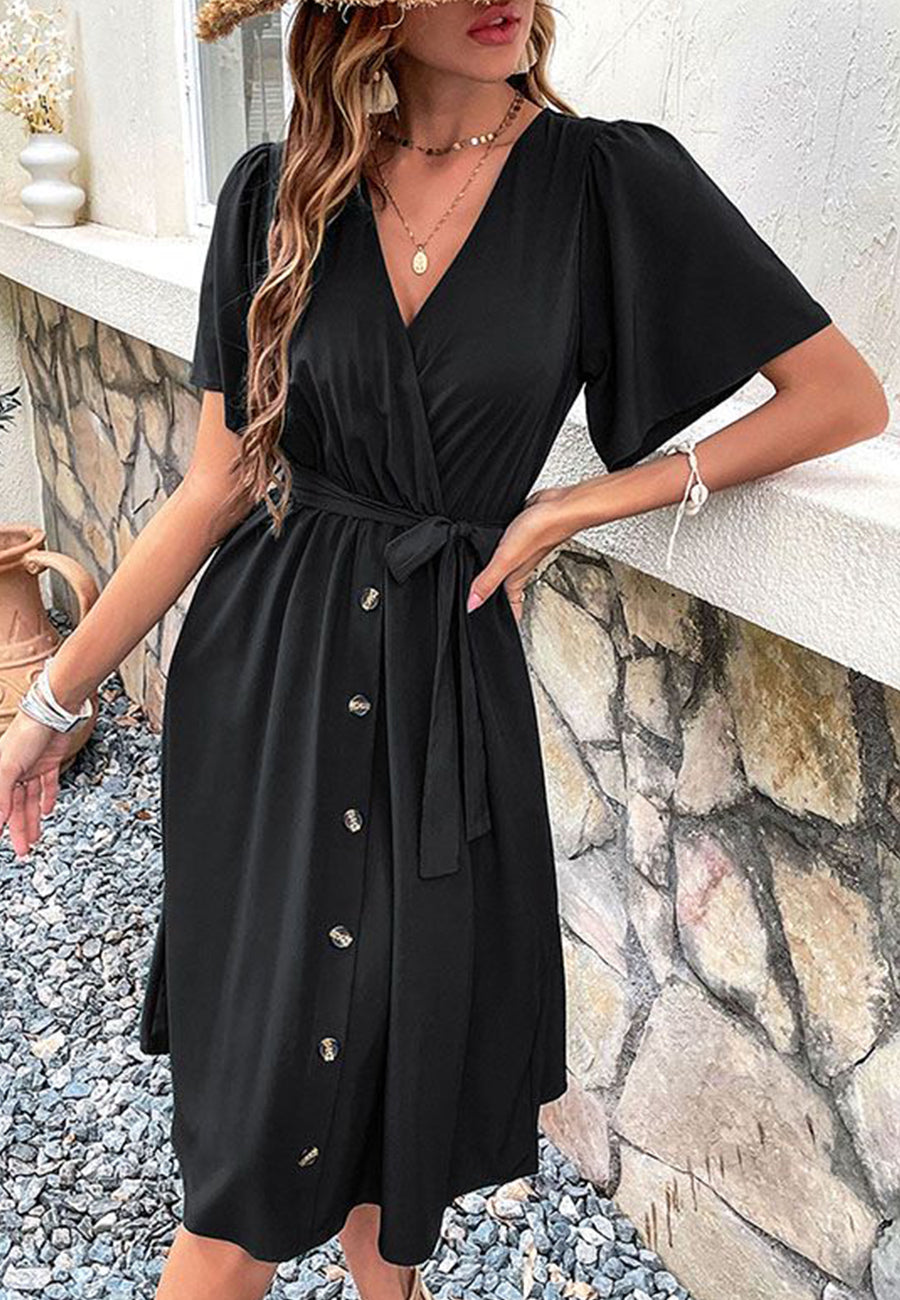 Solid Surplice Neck Button Detail Dress