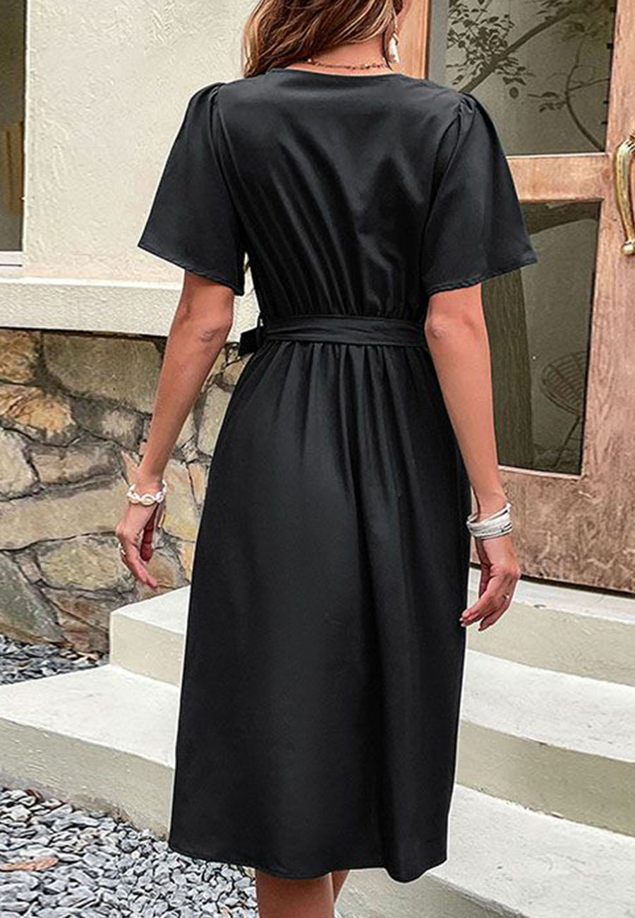 Solid Surplice Neck Button Detail Dress