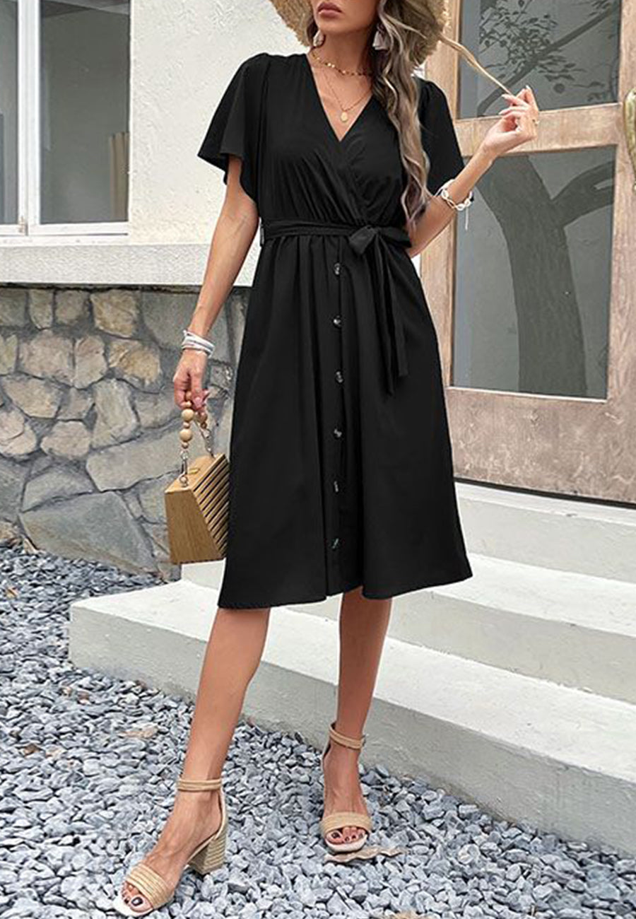 Solid Surplice Neck Button Detail Dress