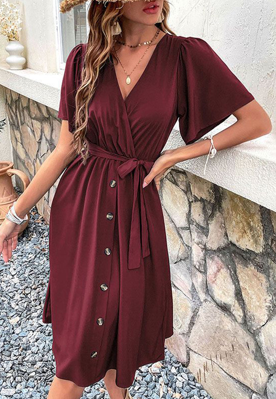 Solid Surplice Neck Button Detail Dress