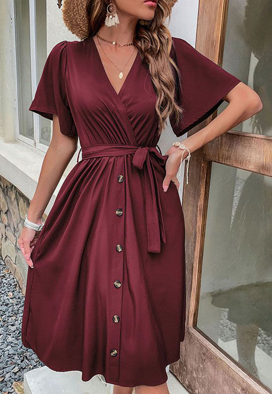 Solid Surplice Neck Button Detail Dress