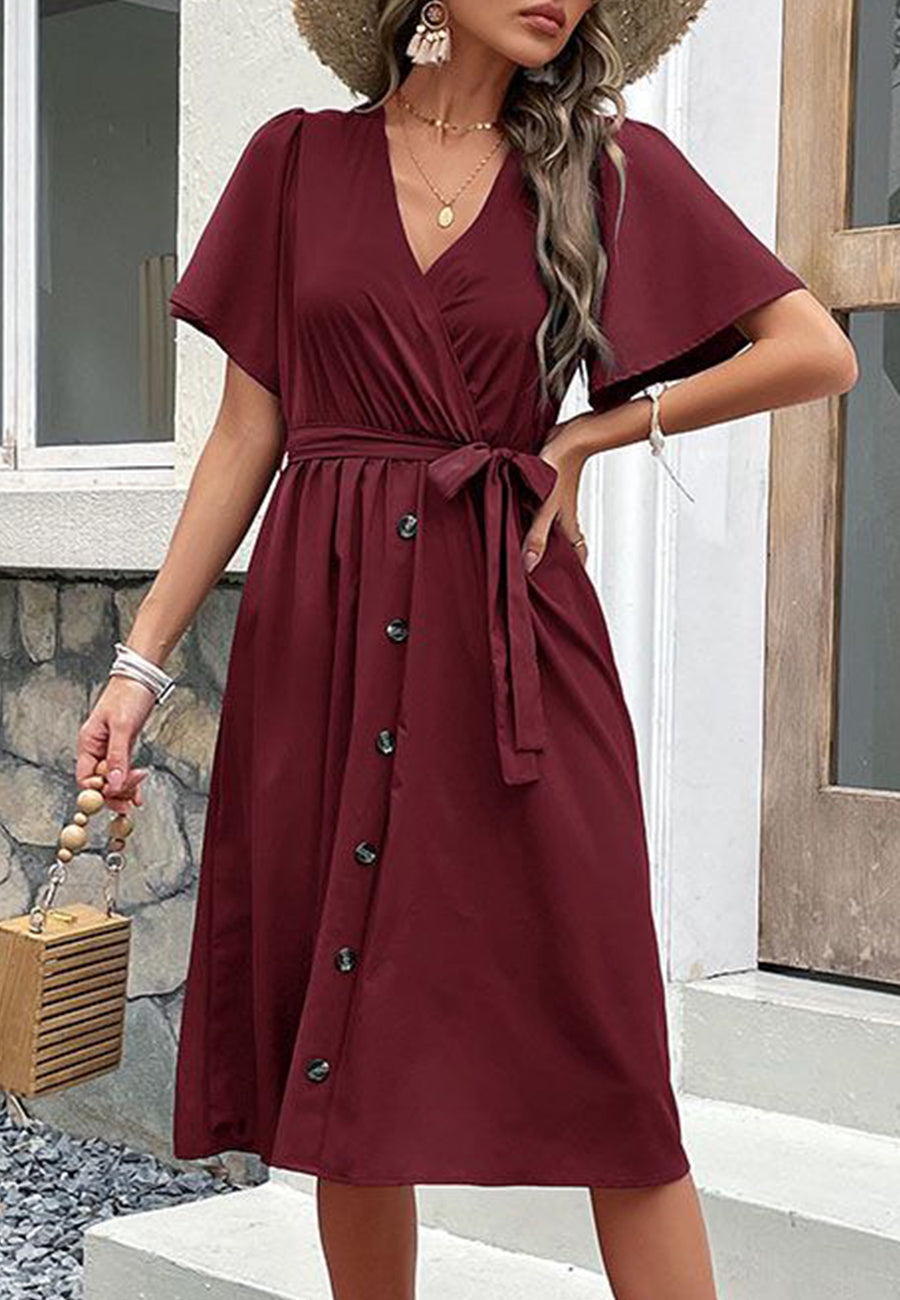 Solid Surplice Neck Button Detail Dress