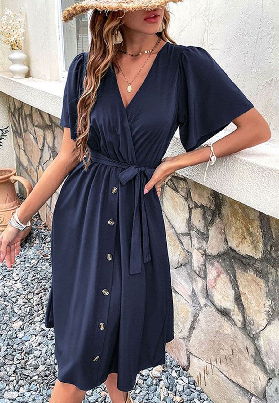 Solid Surplice Neck Button Detail Dress