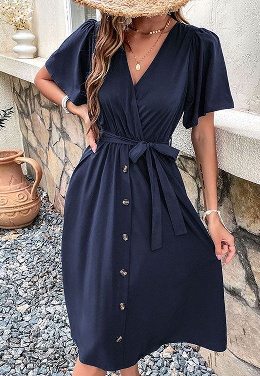 Solid Surplice Neck Button Detail Dress