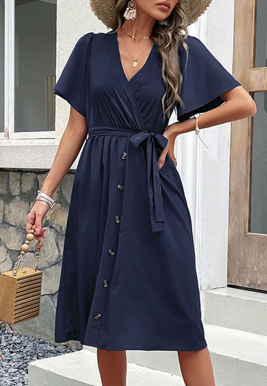 Solid Surplice Neck Button Detail Dress