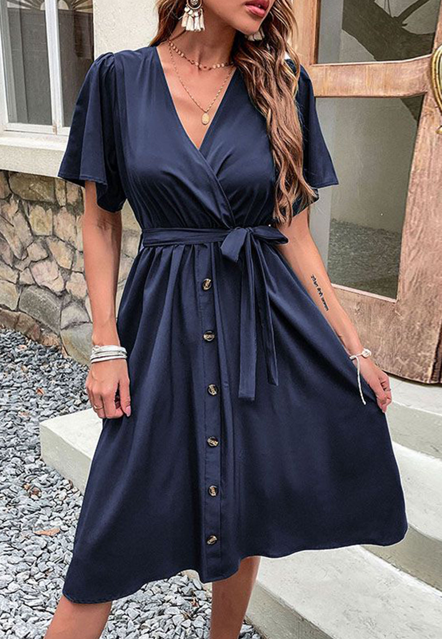 Solid Surplice Neck Button Detail Dress