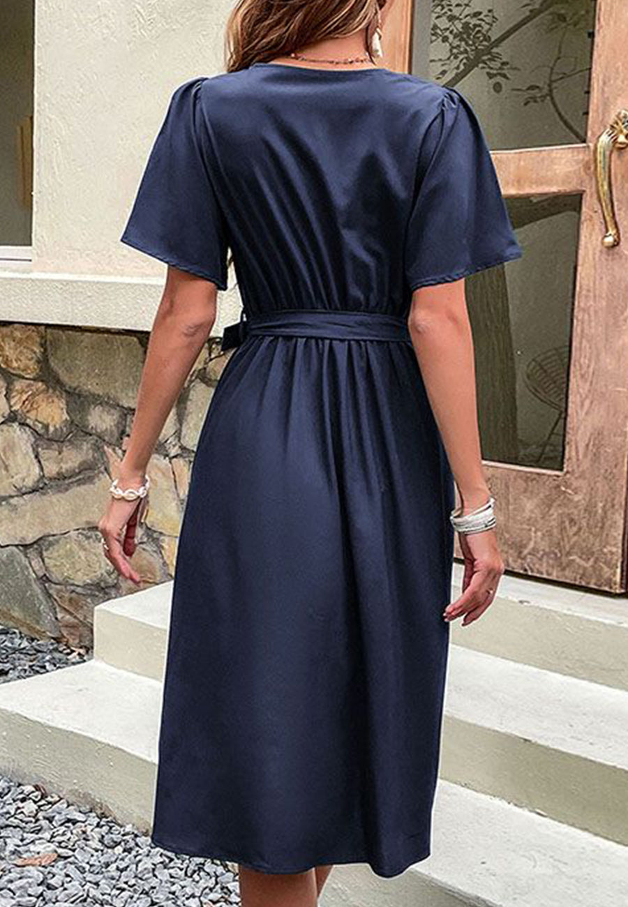 Solid Surplice Neck Button Detail Dress
