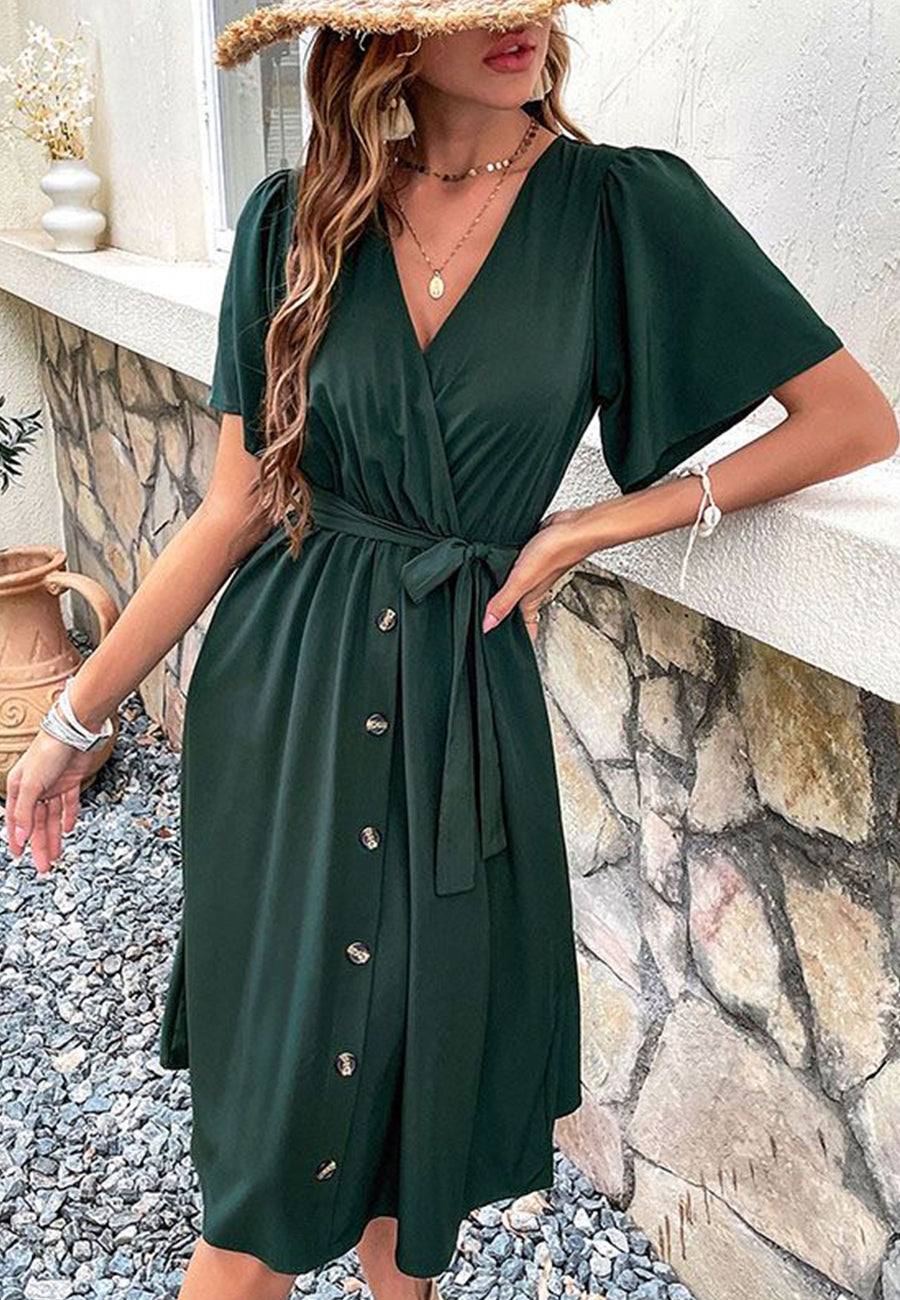 Solid Surplice Neck Button Detail Dress