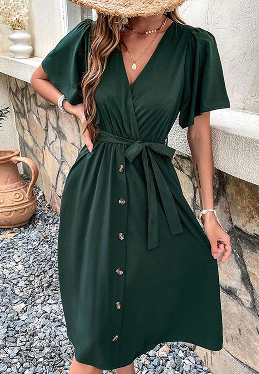 Solid Surplice Neck Button Detail Dress