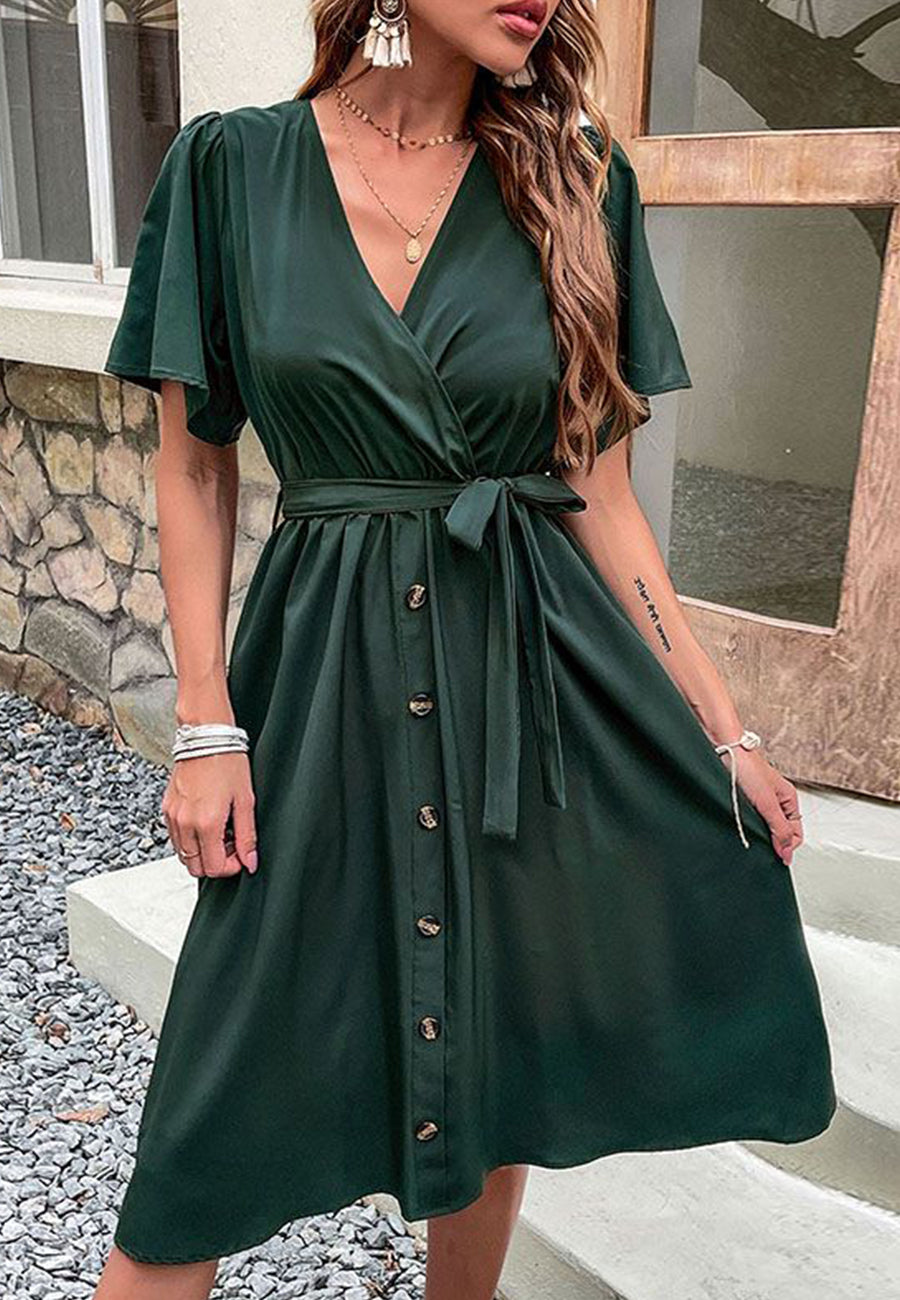 Solid Surplice Neck Button Detail Dress