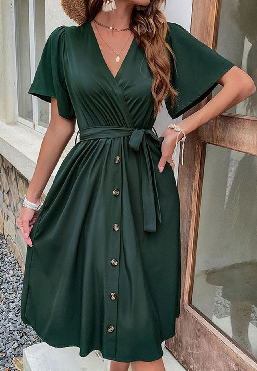 Solid Surplice Neck Button Detail Dress