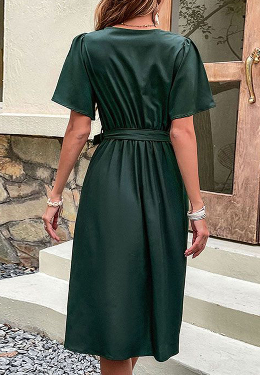 Solid Surplice Neck Button Detail Dress